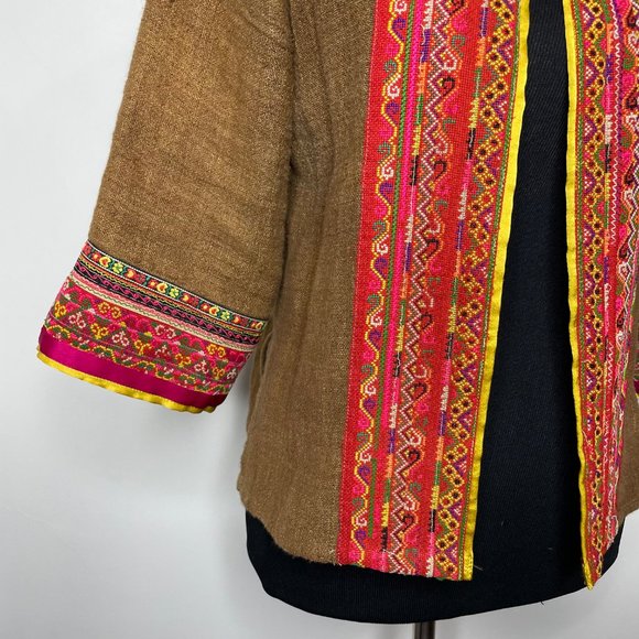 IBU Movement Embroidered Cropped Linen Brown Jacket Handmade - Picture 7 of 16